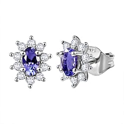 Tanzanite & White Zircon Stud Push Post Earring in Yellow Gold Plated Sterling Silver 0.92 Ct.
