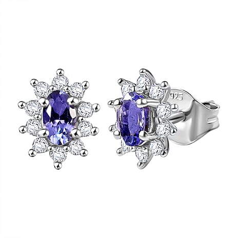 Tanzanite & White Zircon Stud Push Post Earring in Platinum Overlay Sterling Silver 0.92 Ct.