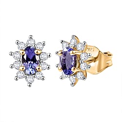 Tanzanite & White Zircon Stud Push Post Earring in Yellow Gold Plated Sterling Silver 0.92 Ct.