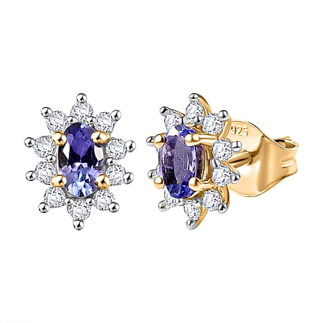 Tanzanite & White Zircon Stud Push Post Earring in Yellow Gold Plated Sterling Silver 0.92 Ct.