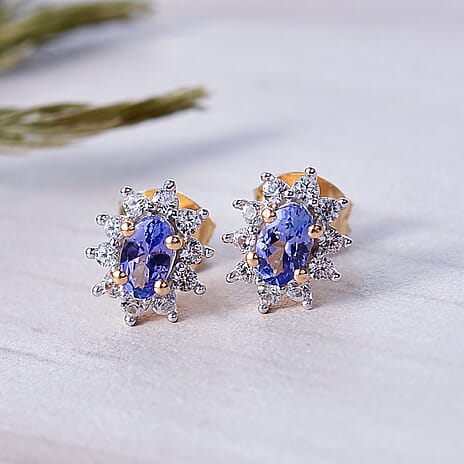Tanzanite & White Zircon Stud Push Post Earring in Yellow Gold Plated Sterling Silver 0.92 Ct.
