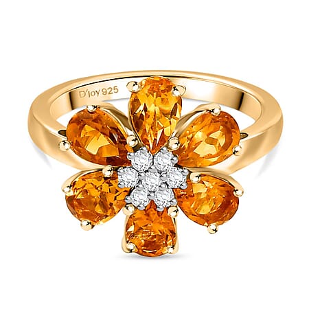D'Joy Serra Gaucha Citrine & White Zircon Floral Ring in Yellow Gold Plated Sterling Silver 2.55 Ct.