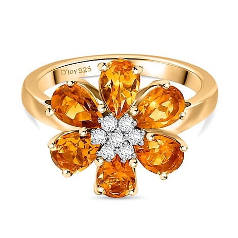 D'Joy Serra Gaucha Citrine & White Zircon Floral Ring in Yellow Gold Plated Sterling Silver 2.55 Ct.