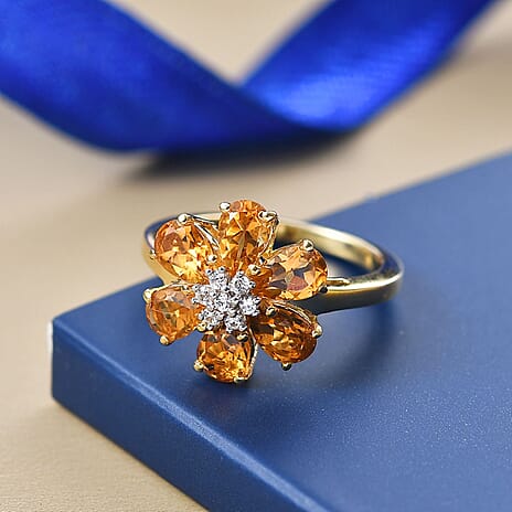 D'Joy Serra Gaucha Citrine & White Zircon Floral Ring in Yellow Gold Plated Sterling Silver 2.55 Ct.