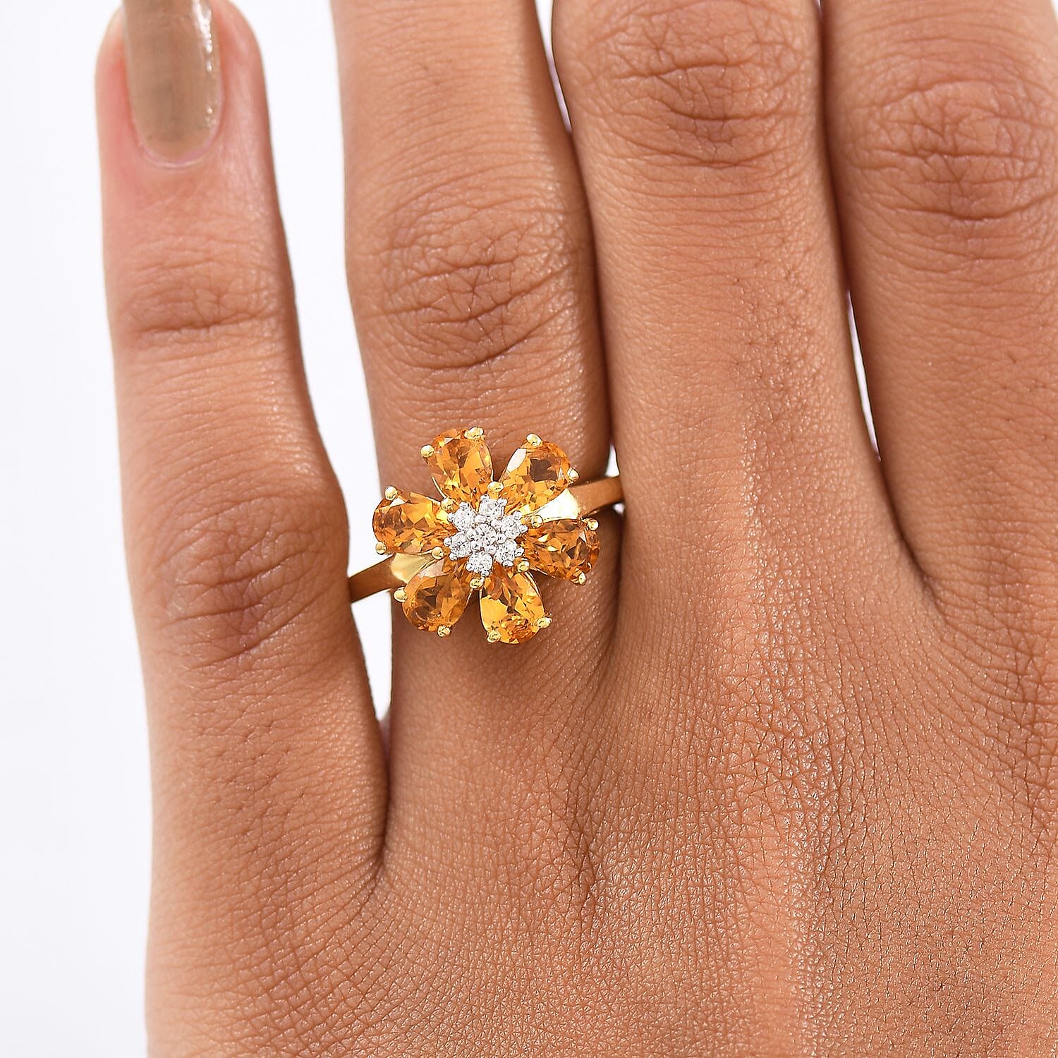 D'Joy Serra Gaucha Citrine & White Zircon Floral Ring in Yellow Gold Plated Sterling Silver 2.55 Ct.