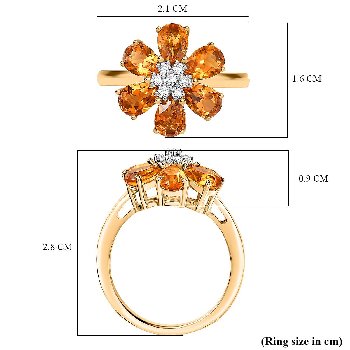 D'Joy Serra Gaucha Citrine & White Zircon Floral Ring in Yellow Gold Plated Sterling Silver 2.55 Ct.