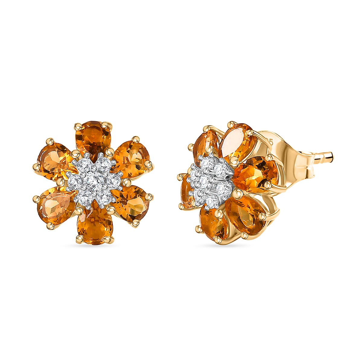 D'Joy Serra Gaucha Citrine & White Zircon Floral Earring with Push Back in Yellow Gold Plated Sterling Silver 2.06 Ct.