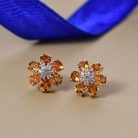 D'Joy Serra Gaucha Citrine & White Zircon Floral Earring with Push Back in Yellow Gold Plated Sterling Silver 2.06 Ct.