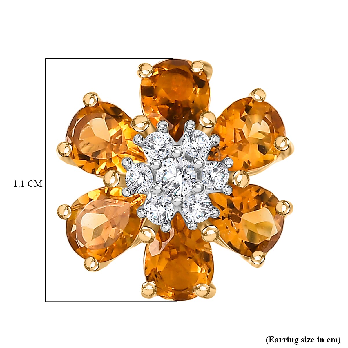 D'Joy Serra Gaucha Citrine & White Zircon Floral Earring with Push Back in Yellow Gold Plated Sterling Silver 2.06 Ct.