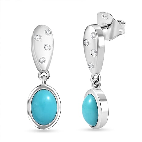 D'Joy Sleeping Beauty Turquoise & White Zircon Solitaire Stud Push Post Earring in Platinum Overlay Sterling Silver 1.58 Ct.