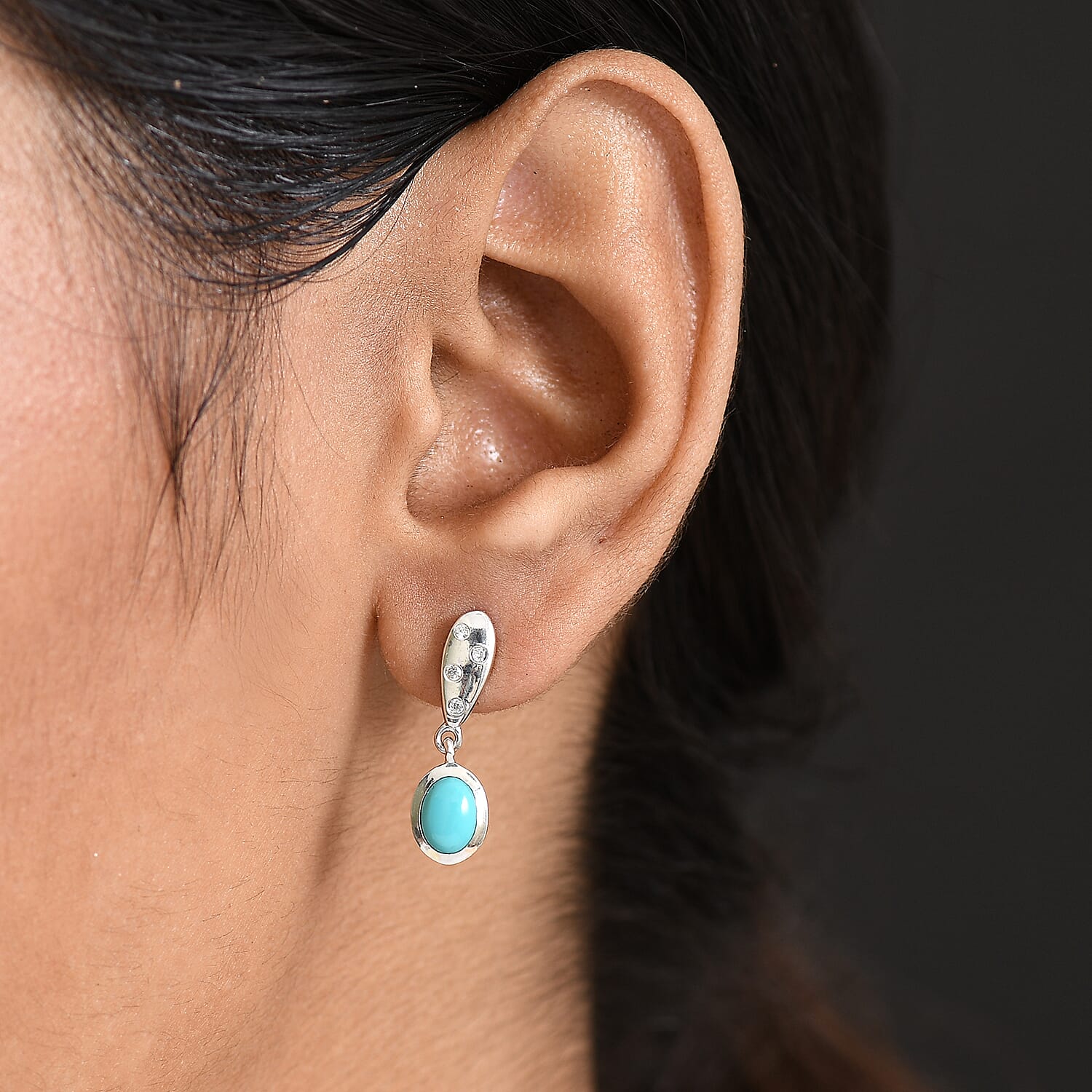 D'Joy Sleeping Beauty Turquoise & White Zircon Solitaire Stud Push Post Earring in Platinum Overlay Sterling Silver 1.58 Ct.