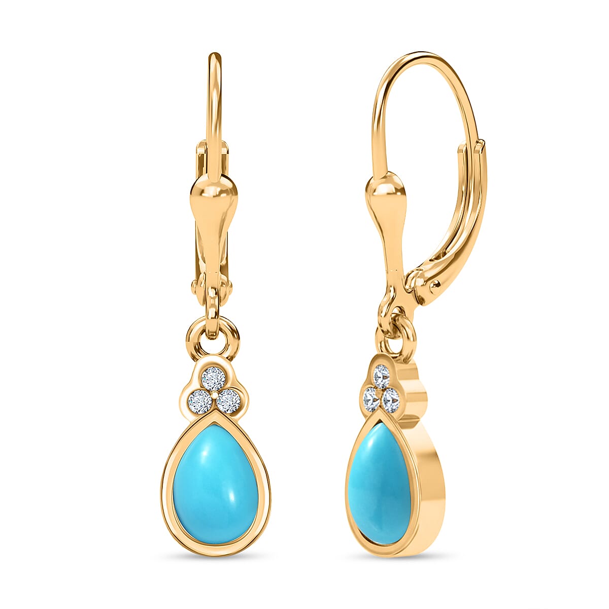 D'Joy Sleeping Beauty Turquoise & White Zircon Earring with Push Back in 18K Yellow Gold Plating Sterling Silver 1.36 Ct.