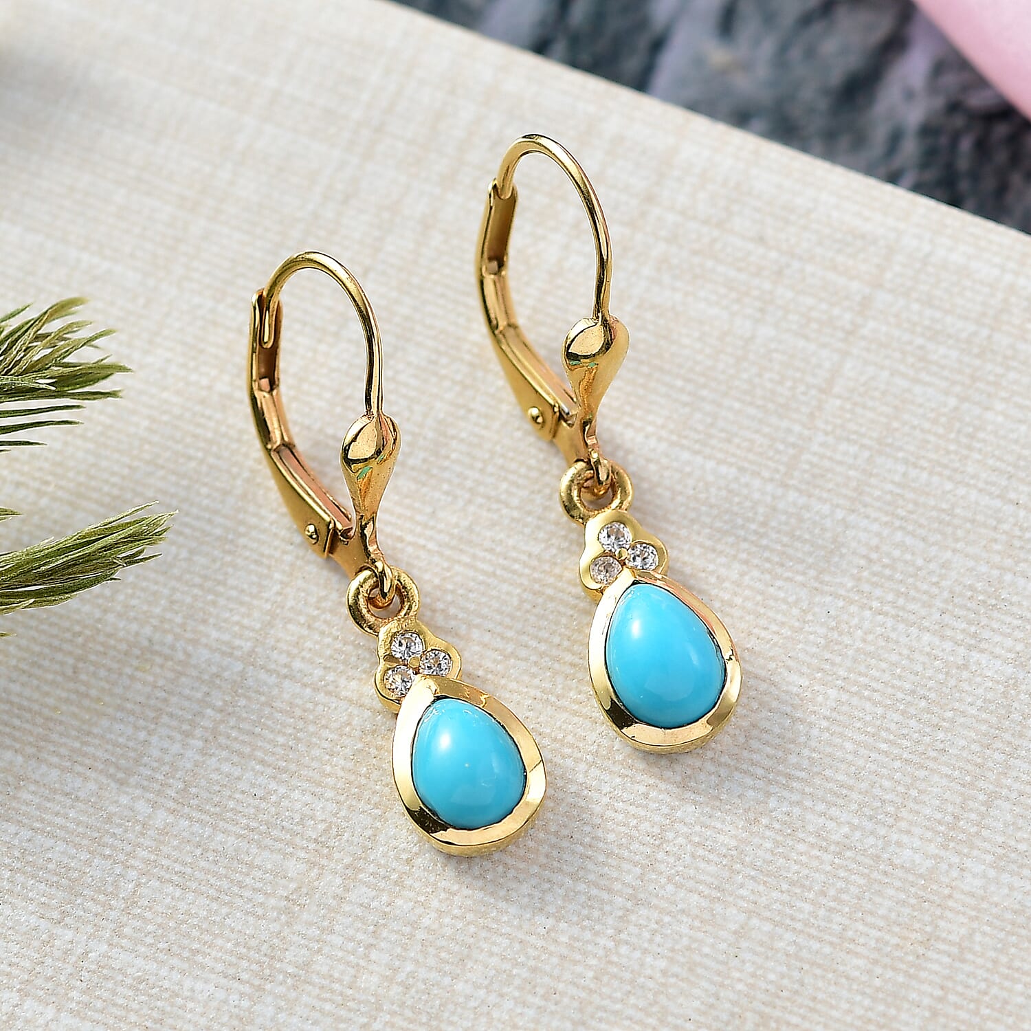 D'Joy Sleeping Beauty Turquoise & White Zircon Earring with Push Back in 18K Yellow Gold Plating Sterling Silver 1.36 Ct.