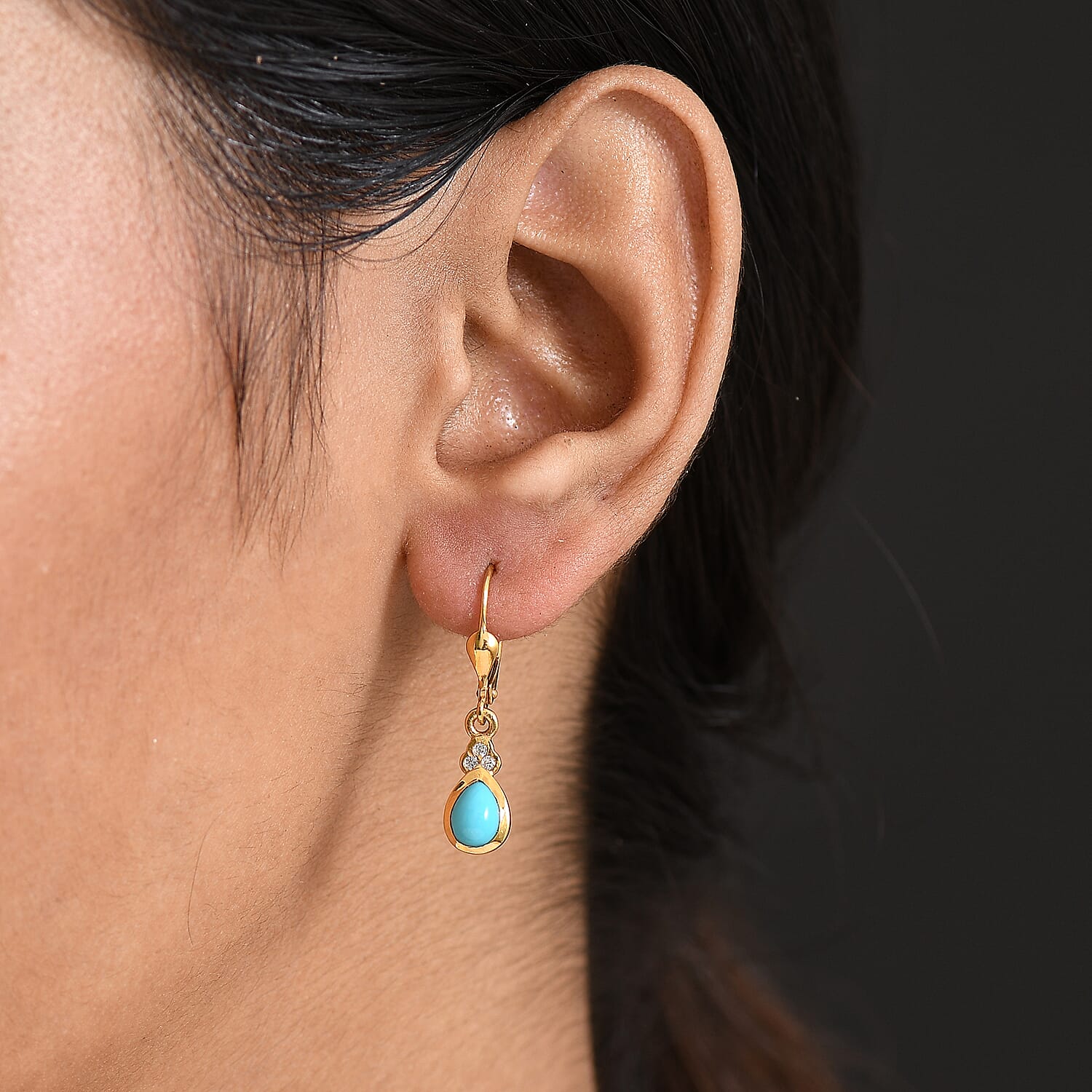 D'Joy Sleeping Beauty Turquoise & White Zircon Earring with Push Back in 18K Yellow Gold Plating Sterling Silver 1.36 Ct.