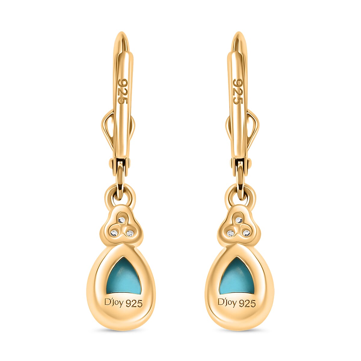 D'Joy Sleeping Beauty Turquoise & White Zircon Earring with Push Back in 18K Yellow Gold Plating Sterling Silver 1.36 Ct.