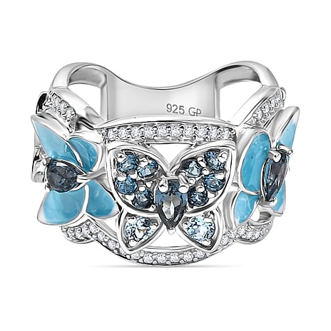 GP Italian Garden Collection - London Blue Topaz, Blue Sapphire, Swiss Blue Topaz & White Zircon Cluster Ring in Rhodium Overlay Sterling Silver 1.82 Ct, Silver Wt. 8.14 Gms.