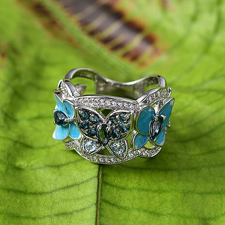 GP Italian Garden Collection - London Blue Topaz, Blue Sapphire, Swiss Blue Topaz & White Zircon Cluster Ring in Rhodium Overlay Sterling Silver 1.82 Ct, Silver Wt. 8.14 Gms.