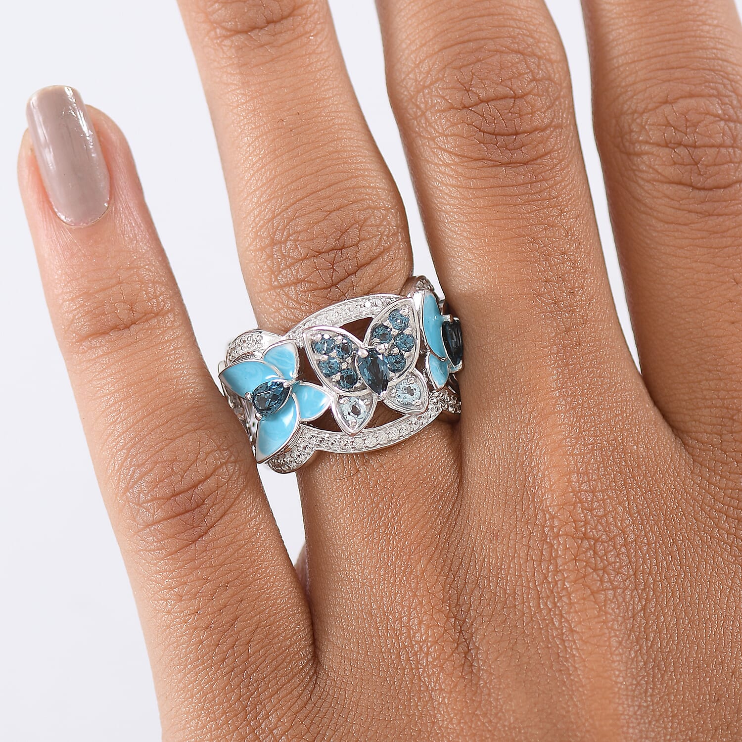 GP Italian Garden Collection - London Blue Topaz, Blue Sapphire, Swiss Blue Topaz & White Zircon Cluster Ring in Rhodium Overlay Sterling Silver 1.82 Ct, Silver Wt. 8.14 Gms.