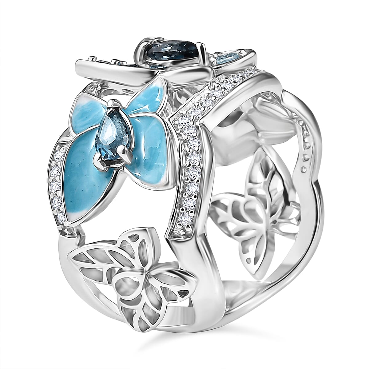GP Italian Garden Collection - London Blue Topaz, Blue Sapphire, Swiss Blue Topaz & White Zircon Cluster Ring in Rhodium Overlay Sterling Silver 1.82 Ct, Silver Wt. 8.14 Gms.