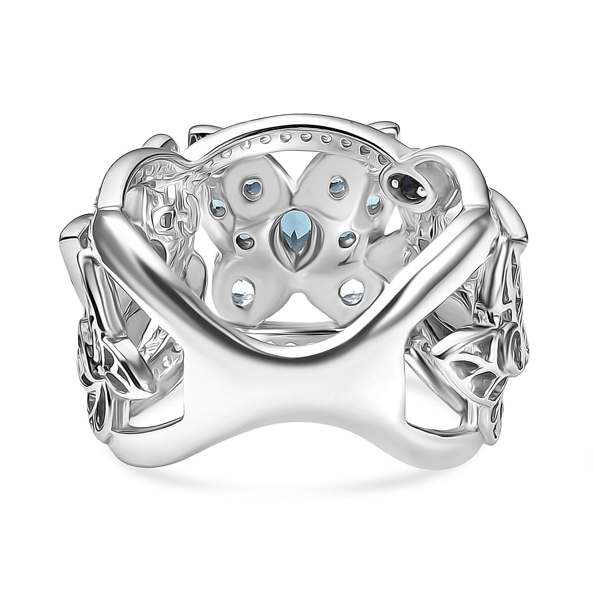 GP Italian Garden Collection - London Blue Topaz, Blue Sapphire, Swiss Blue Topaz & White Zircon Cluster Ring in Rhodium Overlay Sterling Silver 1.82 Ct, Silver Wt. 8.14 Gms.