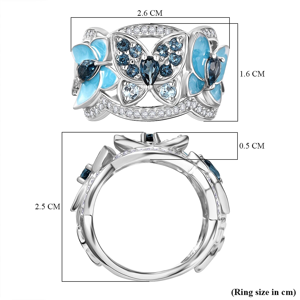 GP Italian Garden Collection - London Blue Topaz, Blue Sapphire, Swiss Blue Topaz & White Zircon Cluster Ring in Rhodium Overlay Sterling Silver 1.82 Ct, Silver Wt. 8.14 Gms.