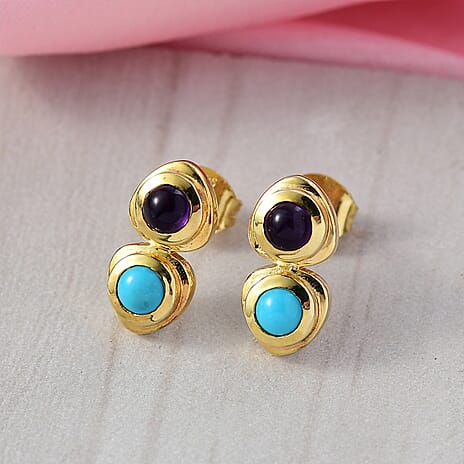 D'Joy African Amethyst Solitaire Stud Push Post Earring in 18K Yellow Gold Plating Sterling Silver 1.07 Ct.