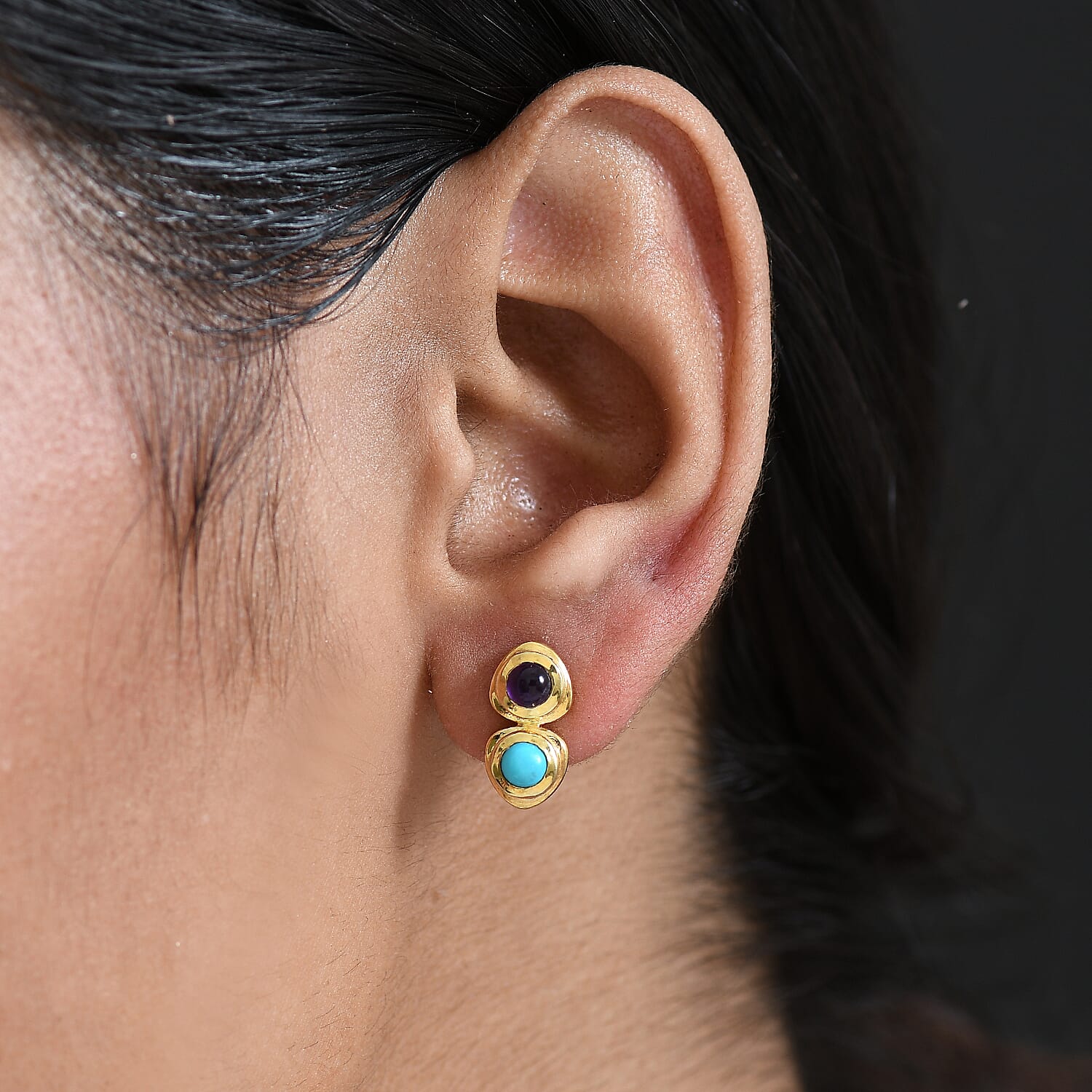 D'Joy African Amethyst Solitaire Stud Push Post Earring in 18K Yellow Gold Plating Sterling Silver 1.07 Ct.