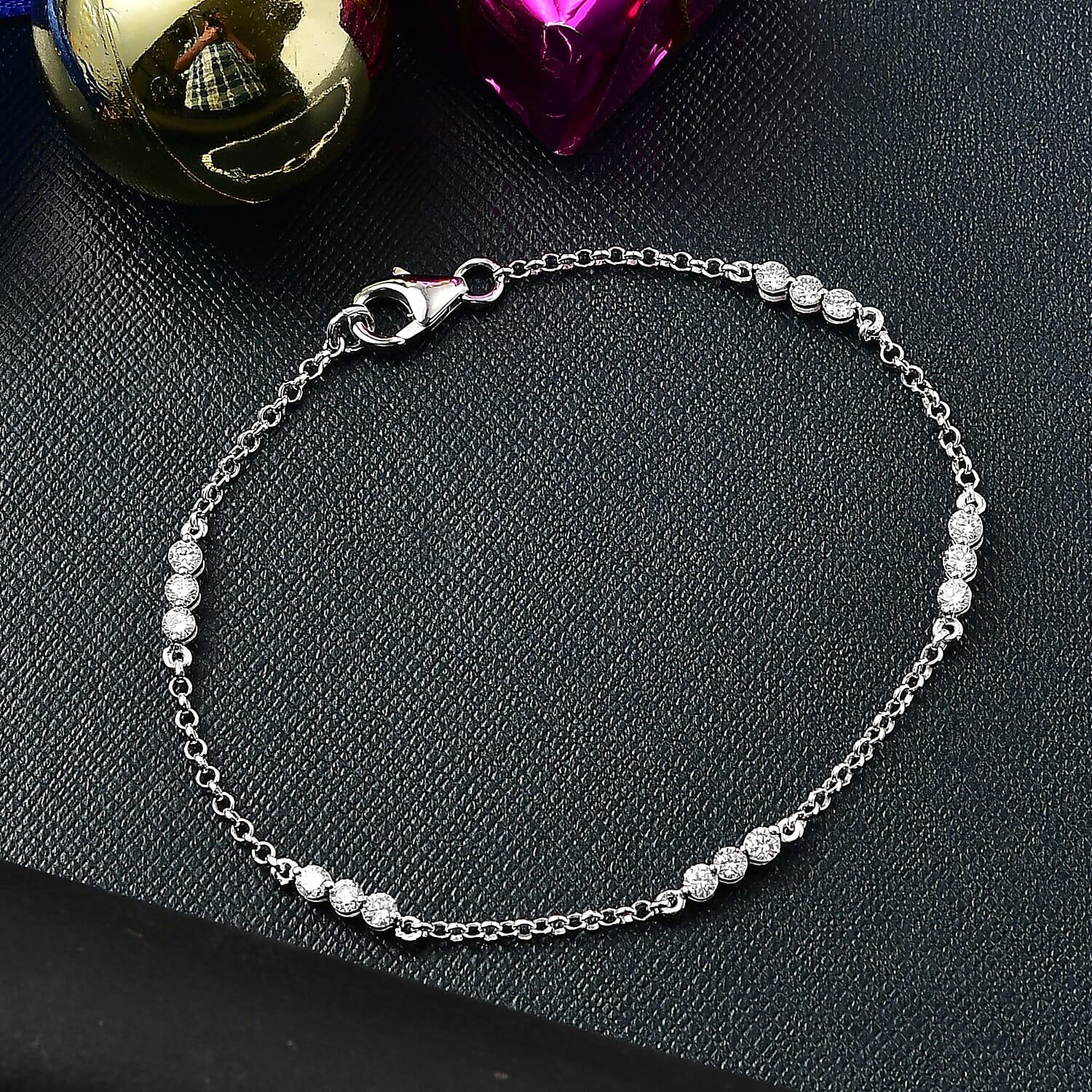 Luxuriant Lab Grown Diamond (SI-GH) Station Bracelet (Size 7.5) in Rhodium Overlay Sterling Silver 1.03 Ct.