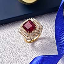 D'Joy 9.4 Ct. Natural African Ruby, Moissanite Double Halo Ring in 18K Vermeil Yellow Gold Plated Sterling Silver