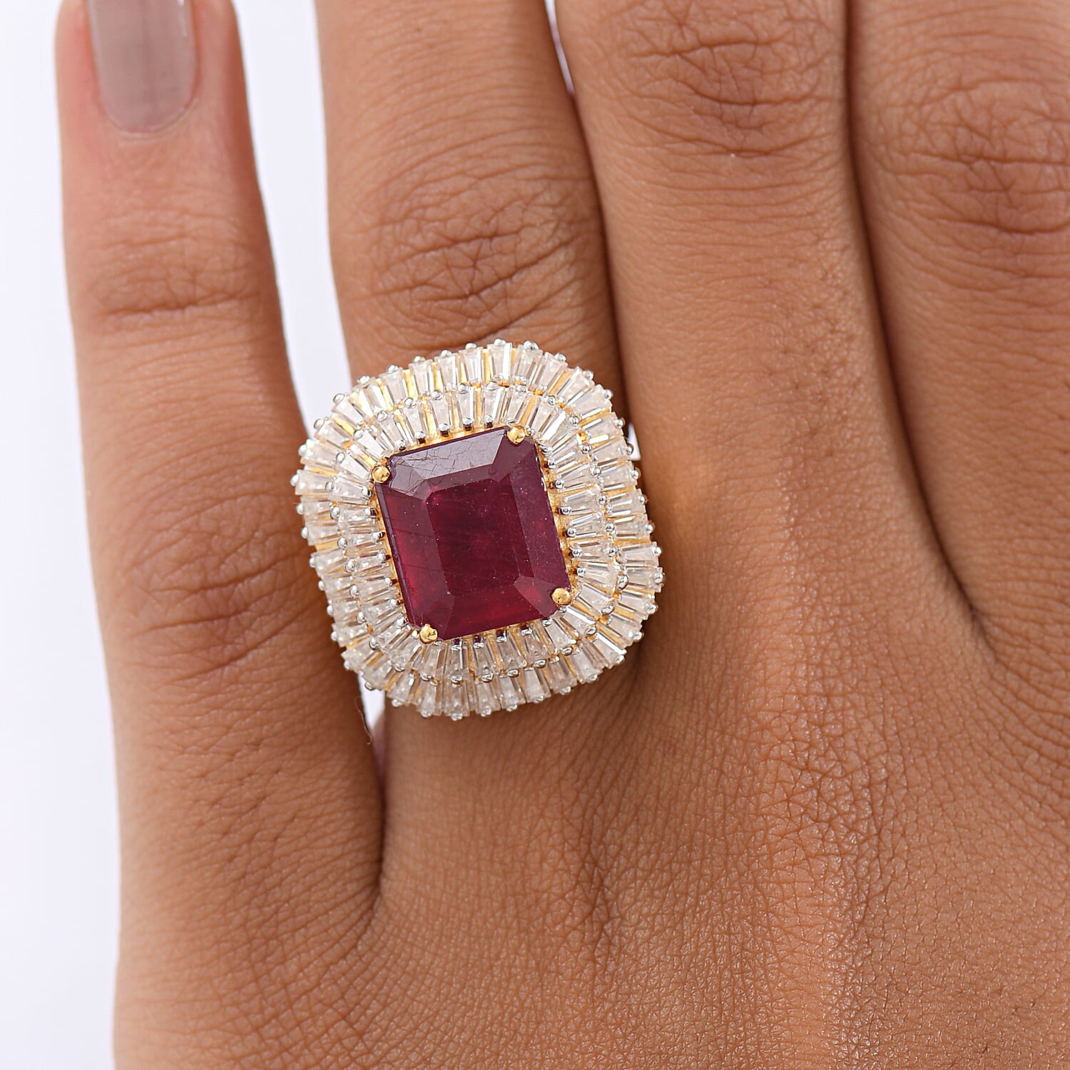 D'Joy African Ruby & Moissanite Cluster Ring in 18K Vermeil Yellow Gold Plated Sterling Silver 11.99 Ct.