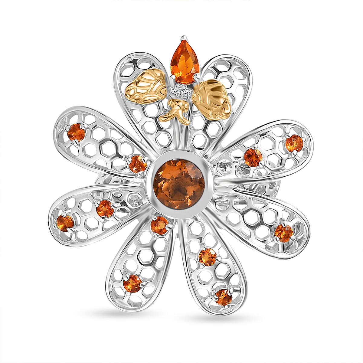 GP Italian Garden Collection - Madeira Citrine, Fire Opal, Blue Sapphire & White Zircon Flower Ring in 18K Vermail Yellow Gold Plated & Rhodium Overlay Sterling Silver 1.68 Ct, Silver Wt. 7.41 Gms.