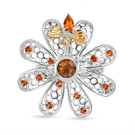 GP Italian Garden Collection - Madeira Citrine, Fire Opal, Blue Sapphire & White Zircon Flower Ring in 18K Vermail Yellow Gold Plated & Rhodium Overlay Sterling Silver 1.68 Ct, Silver Wt. 7.41 Gms.