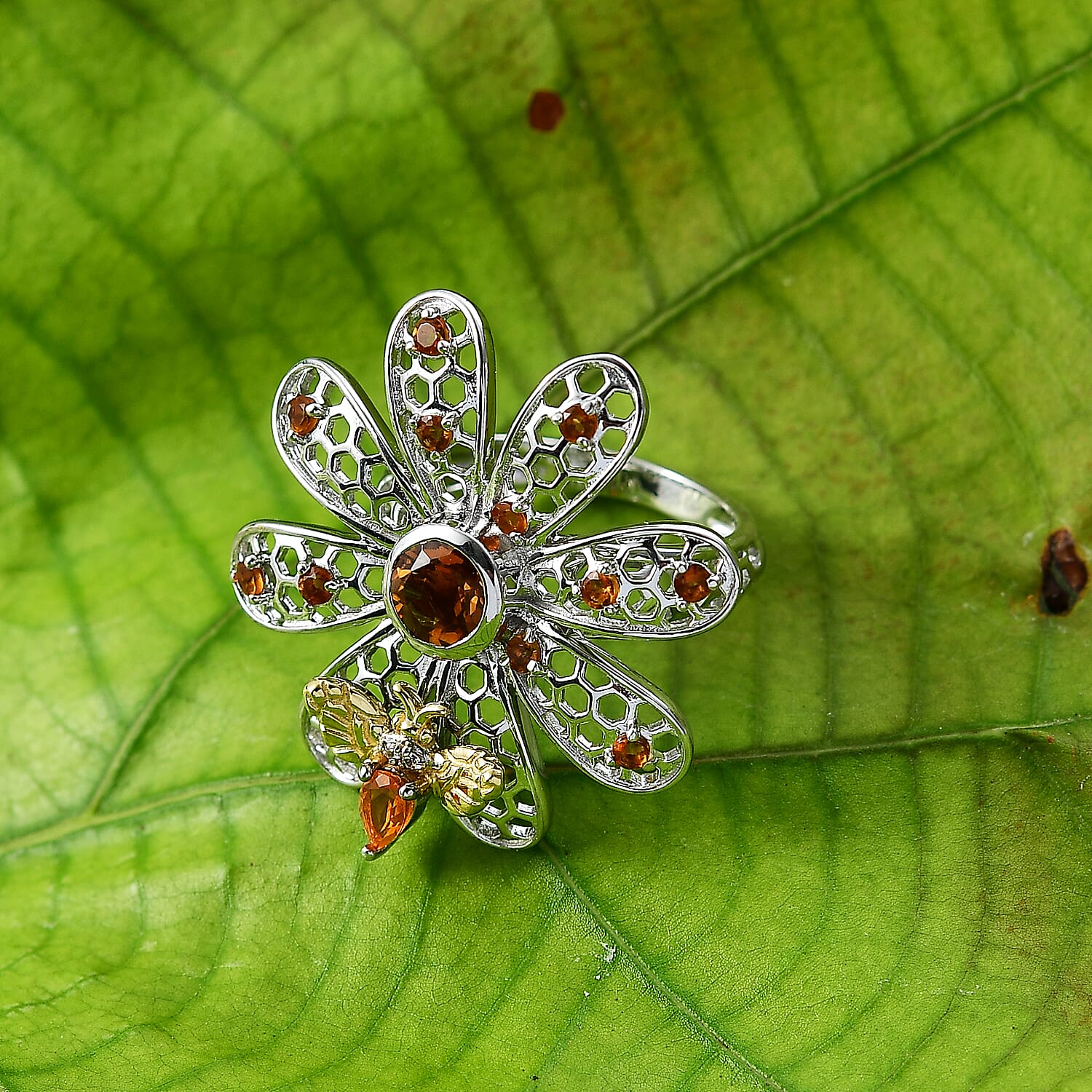 GP Italian Garden Collection - Madeira Citrine, Fire Opal, Blue Sapphire & White Zircon Flower Ring in 18K Vermail Yellow Gold Plated & Rhodium Overlay Sterling Silver 1.68 Ct, Silver Wt. 7.41 Gms.