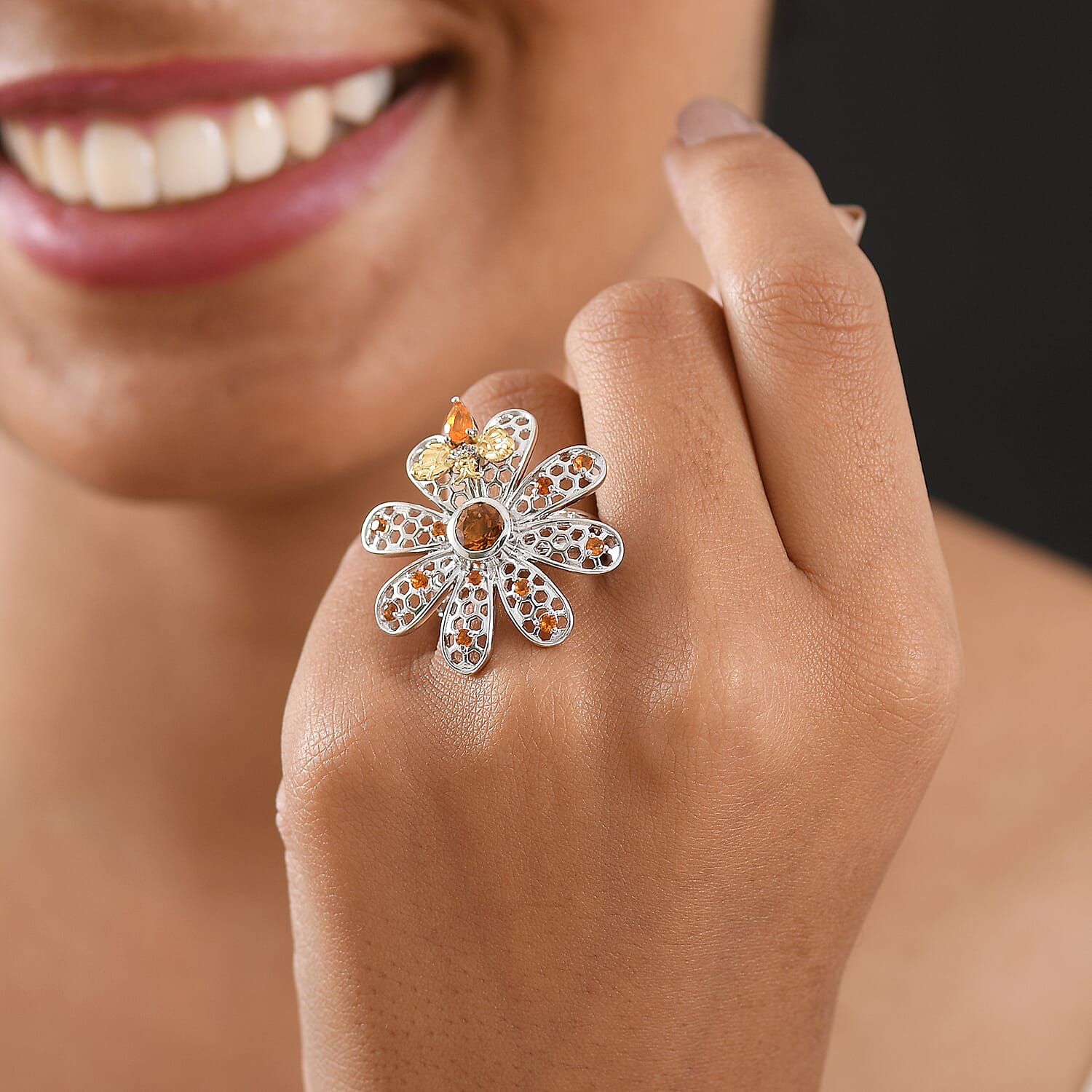 GP Italian Garden Collection - Madeira Citrine, Fire Opal, Blue Sapphire & White Zircon Flower Ring in 18K Vermail Yellow Gold Plated & Rhodium Overlay Sterling Silver 1.68 Ct, Silver Wt. 7.41 Gms.