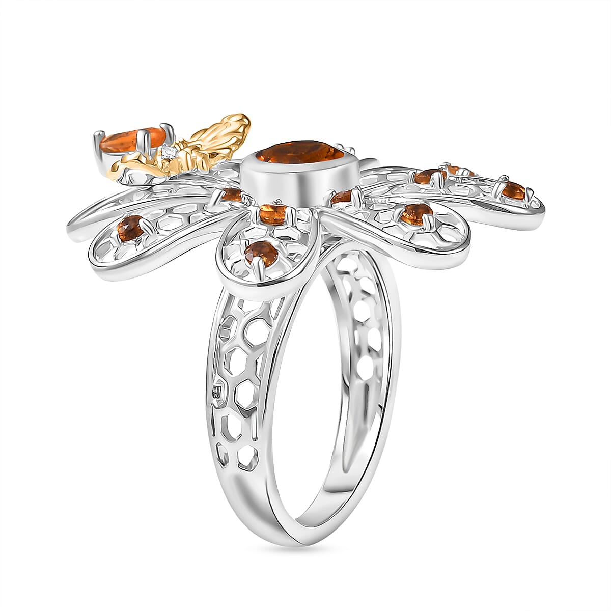 GP Italian Garden Collection - Madeira Citrine, Fire Opal, Blue Sapphire & White Zircon Flower Ring in 18K Vermail Yellow Gold Plated & Rhodium Overlay Sterling Silver 1.68 Ct, Silver Wt. 7.41 Gms.