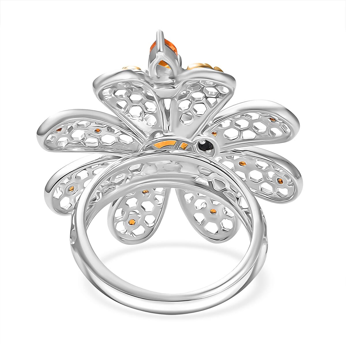 GP Italian Garden Collection - Madeira Citrine, Fire Opal, Blue Sapphire & White Zircon Flower Ring in 18K Vermail Yellow Gold Plated & Rhodium Overlay Sterling Silver 1.68 Ct, Silver Wt. 7.41 Gms.