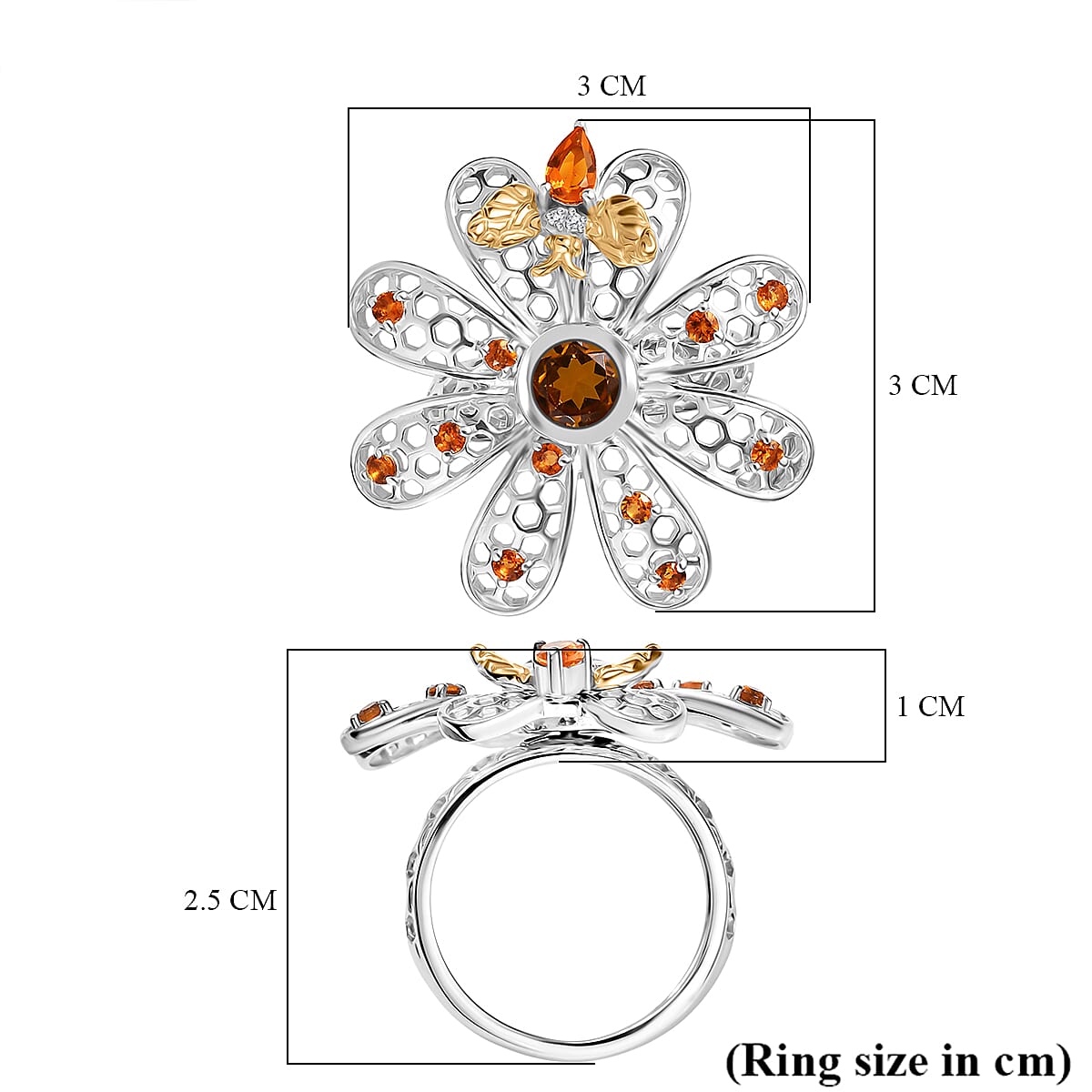GP Italian Garden Collection - Madeira Citrine, Fire Opal, Blue Sapphire & White Zircon Flower Ring in 18K Vermail Yellow Gold Plated & Rhodium Overlay Sterling Silver 1.68 Ct, Silver Wt. 7.41 Gms.