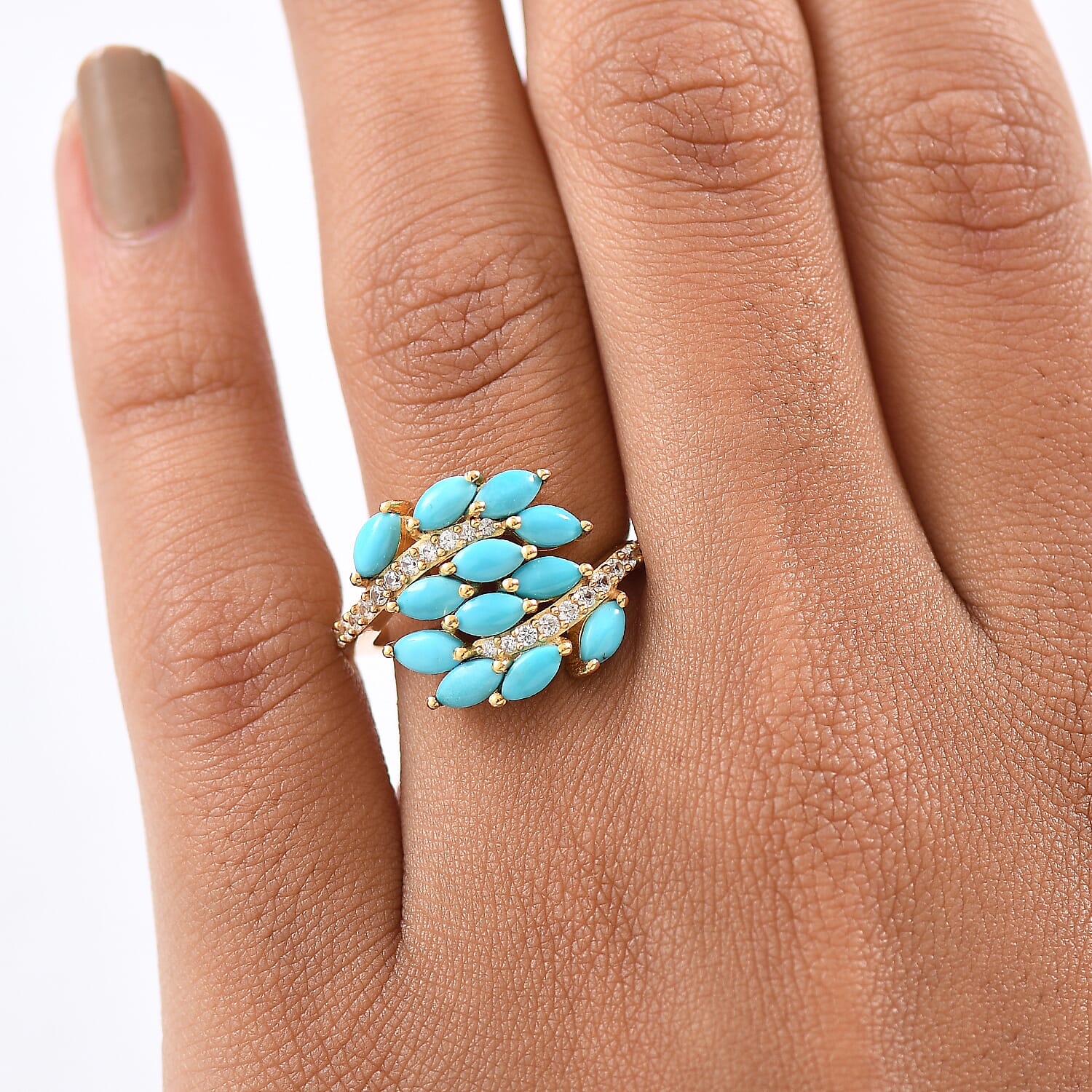 D'Joy Sleeping Beauty Turquoise & White Zircon Cluster Ring in 18K Yellow Gold Plating Sterling Silver 2.32 Ct.