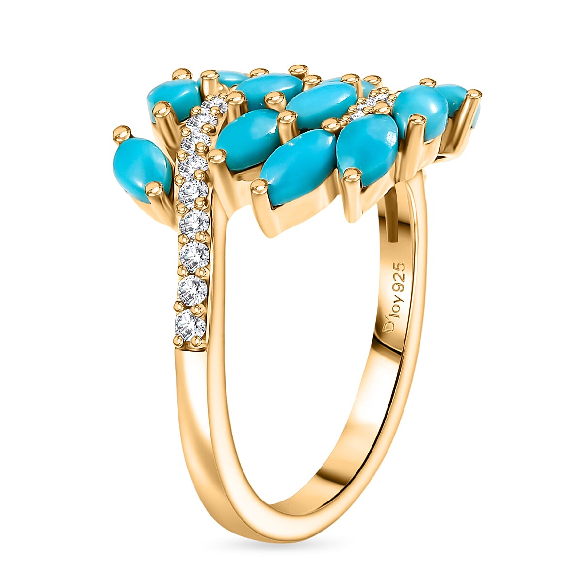 D'Joy Sleeping Beauty Turquoise & White Zircon Cluster Ring in 18K Yellow Gold Plating Sterling Silver 2.32 Ct.