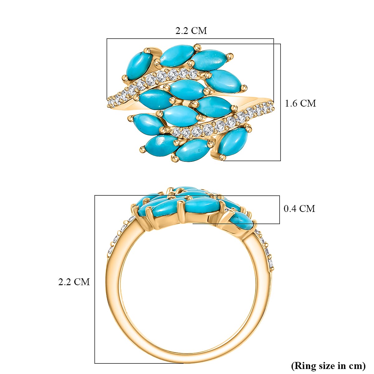 D'Joy Sleeping Beauty Turquoise & White Zircon Cluster Ring in 18K Yellow Gold Plating Sterling Silver 2.32 Ct.
