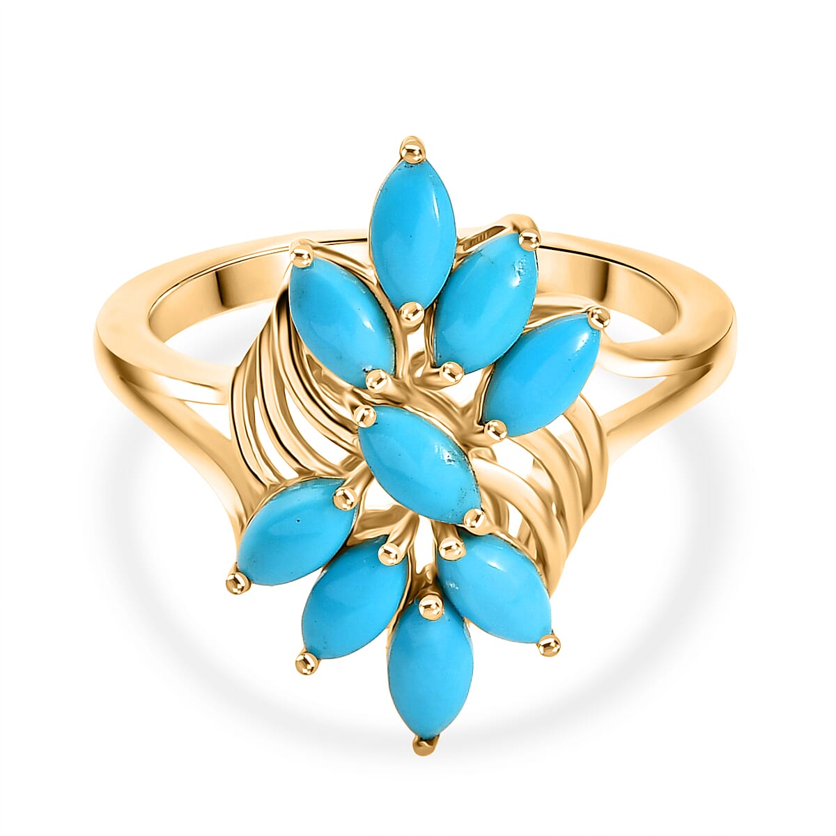 D'Joy Sleeping Beauty Turquoise Cluster Ring in 18K Yellow Gold Plating Sterling Silver 1.42 Ct.