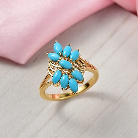 D'Joy Sleeping Beauty Turquoise Cluster Ring in 18K Yellow Gold Plating Sterling Silver 1.42 Ct.