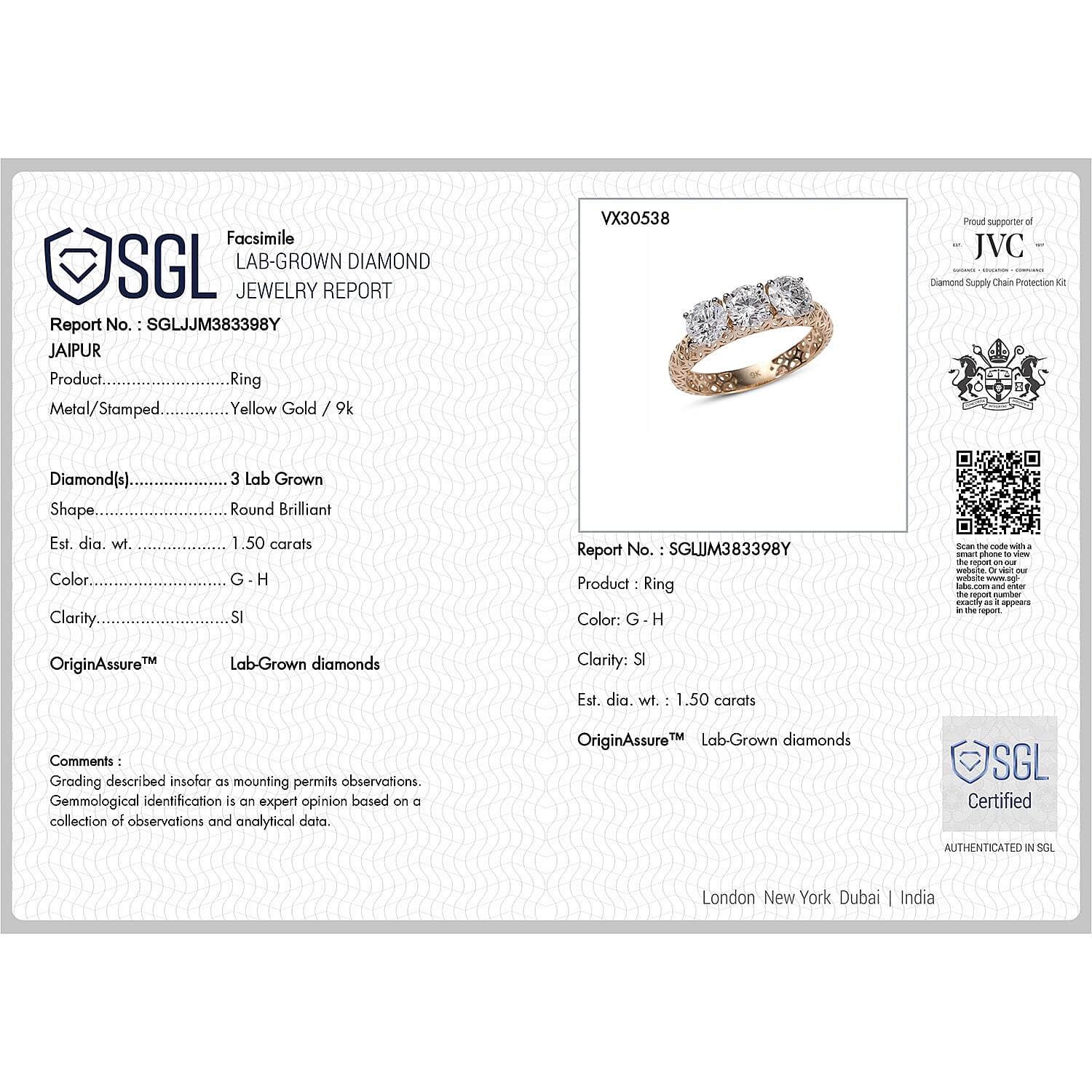 Mirage Collection - Luxuriant 9K Yellow Gold SGL Certified Lab Grown Diamond (SI-GH) Trilogy Ring 1.50 Ct.