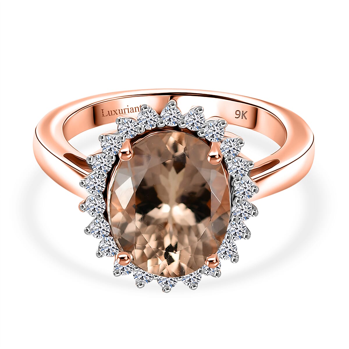 Luxuriant 9K Rose Gold AAA Morganite & Lab Grown Diamond (SI-GH) Ring 3.53 Ct.