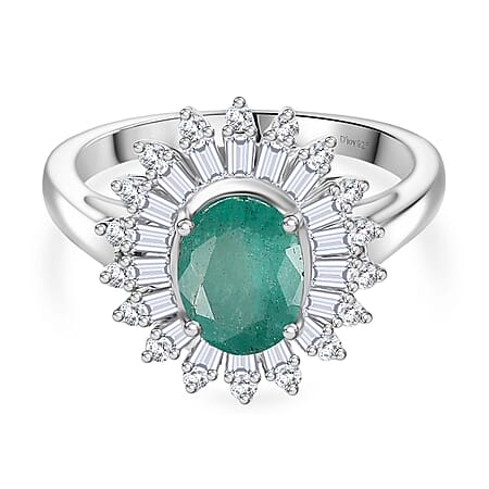 D'Joy Emerald & Moissanite Ring in Rhodium Overlay Sterling Silver 1.62 Ct.