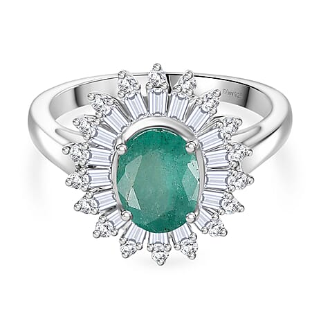 D'Joy Emerald & Moissanite Ring in Rhodium Overlay Sterling Silver 1.62 Ct.