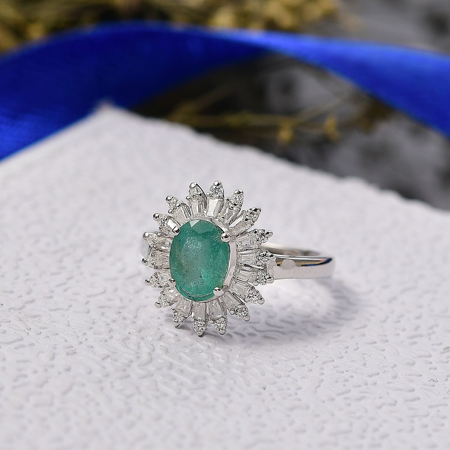 D'Joy Emerald & Moissanite Ring in Rhodium Overlay Sterling Silver 1.62 Ct.