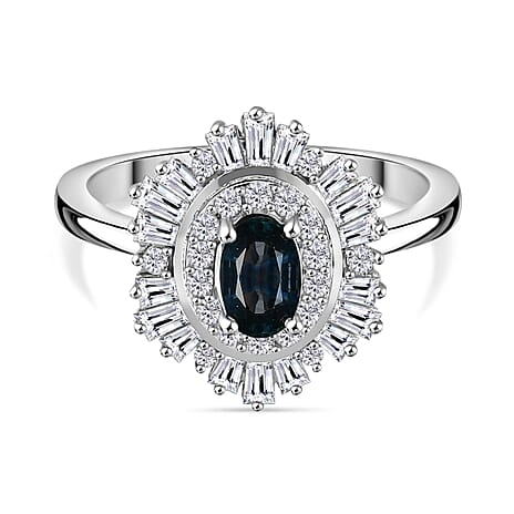 D'Joy Australian Sapphire & Moissanite Cluster Ring in Rhodium Overlay Sterling Silver 1.32 Ct.