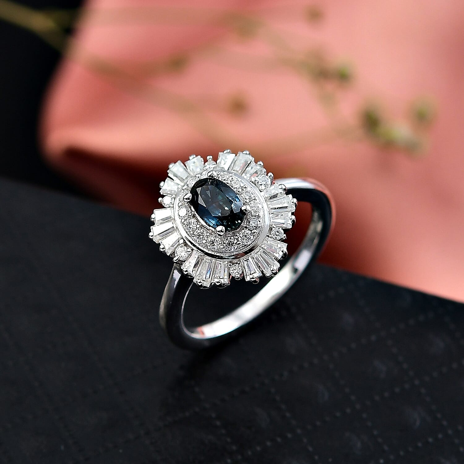 D'Joy Australian Sapphire & Moissanite Cluster Ring in Rhodium Overlay Sterling Silver 1.32 Ct.