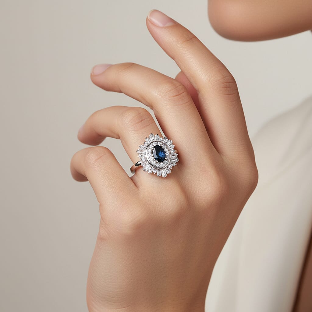 D'Joy Australian Sapphire & Moissanite Cluster Ring in Rhodium Overlay Sterling Silver 1.32 Ct.